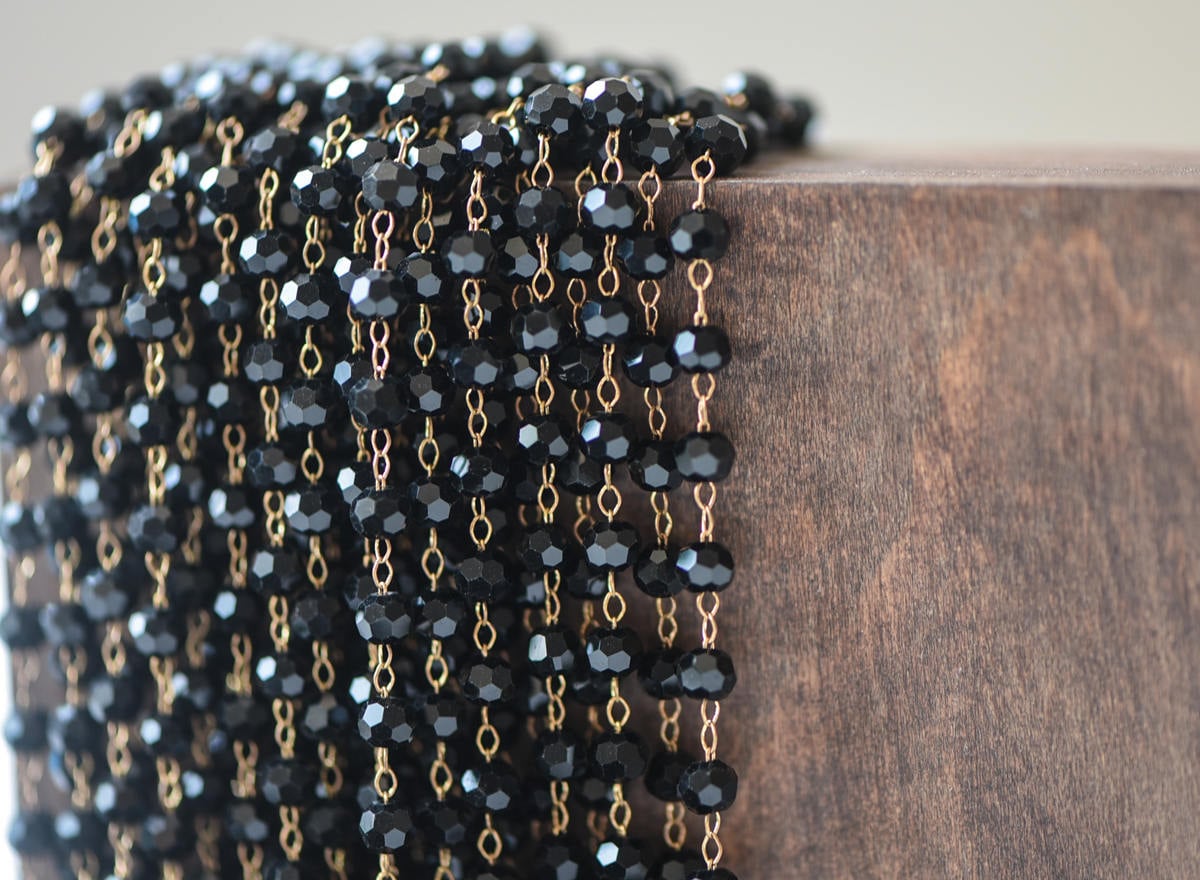 Crystal Faceted Round Bead Chain, Raw Brass Beaded Chains, 4mm Black (#LK-044-1)/ 1 Meter=3.3ft
